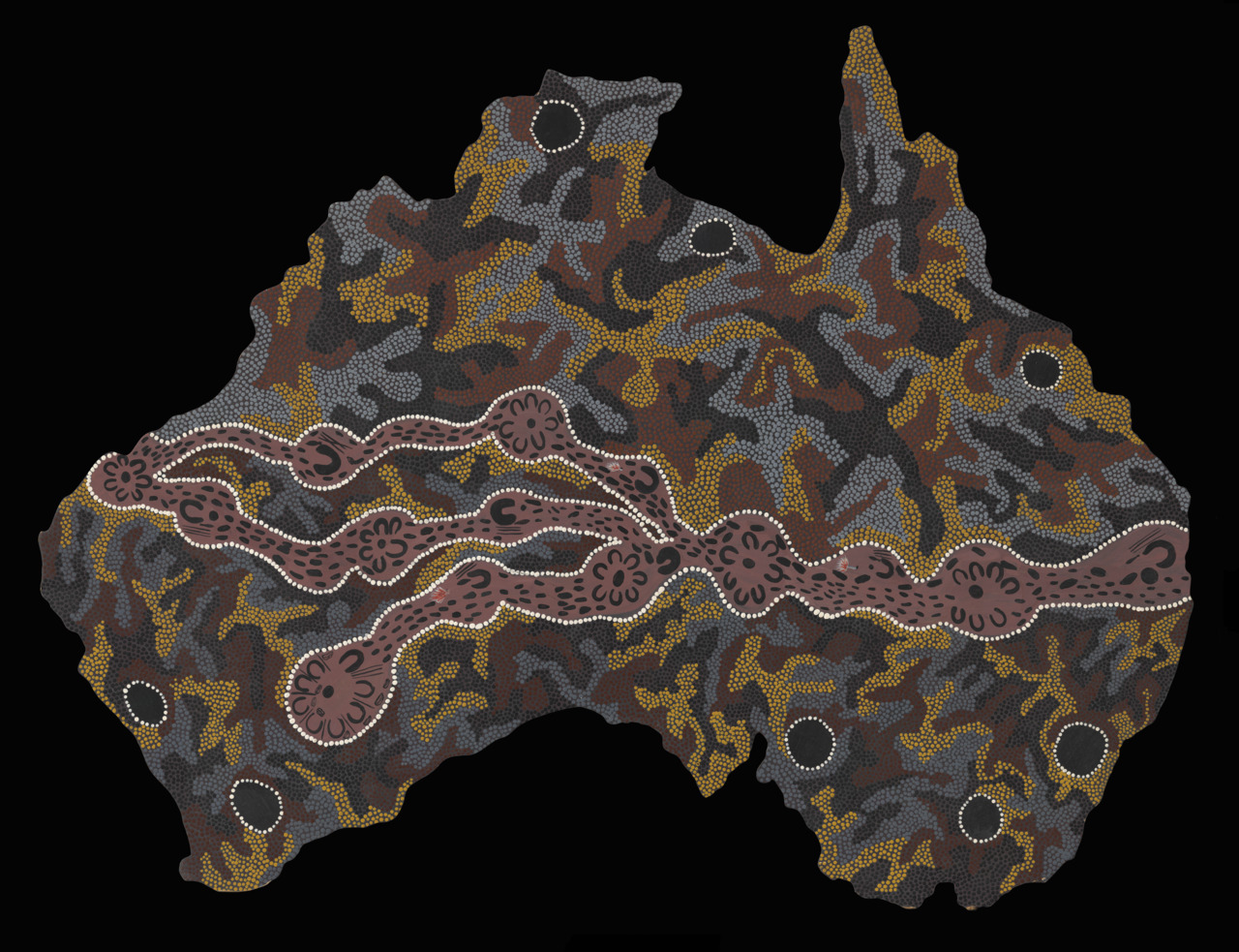One of the colored maps of Australia, showing the places of the indigenous people in the middle.