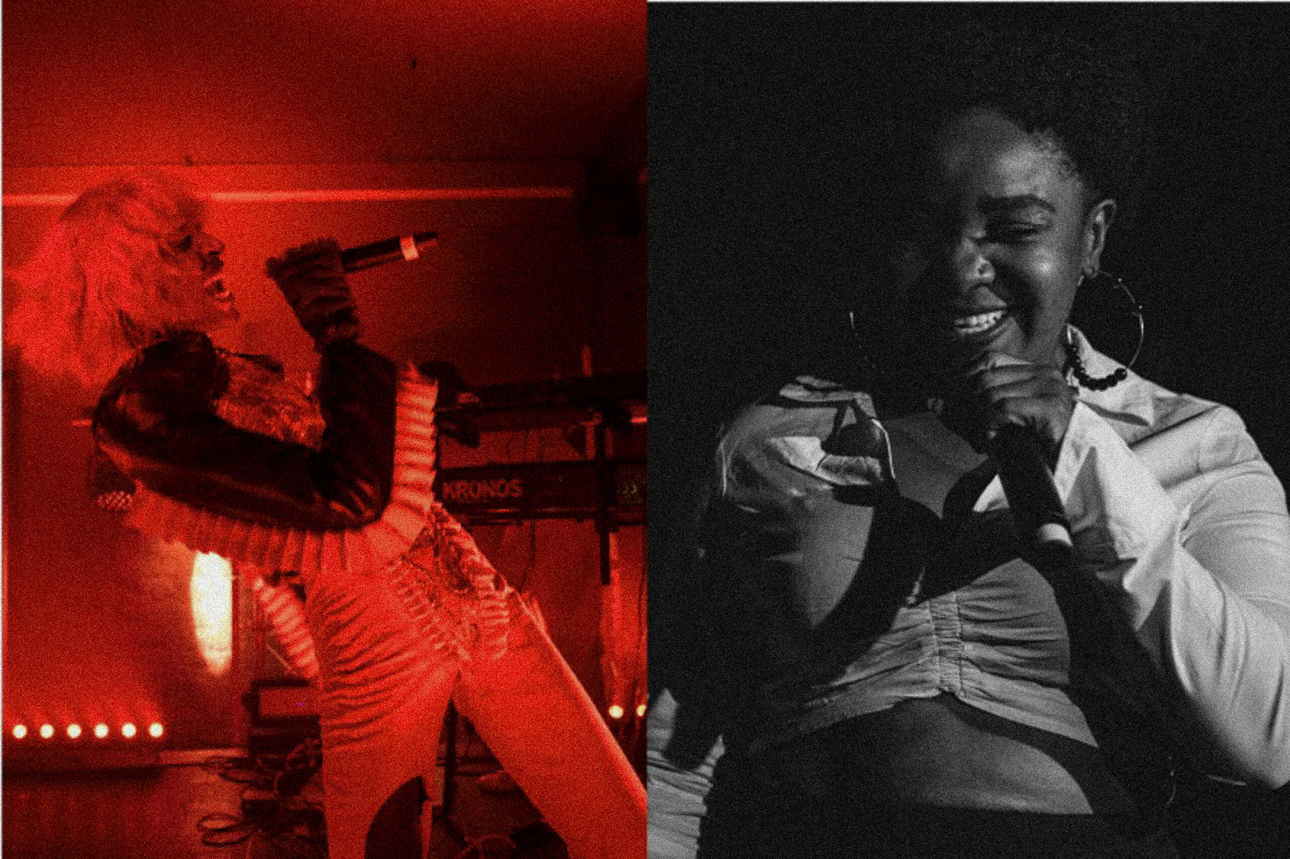 Links: KABEAUSHÉ performing,
rechts: MC Yallah lächelt während ihrer Performance