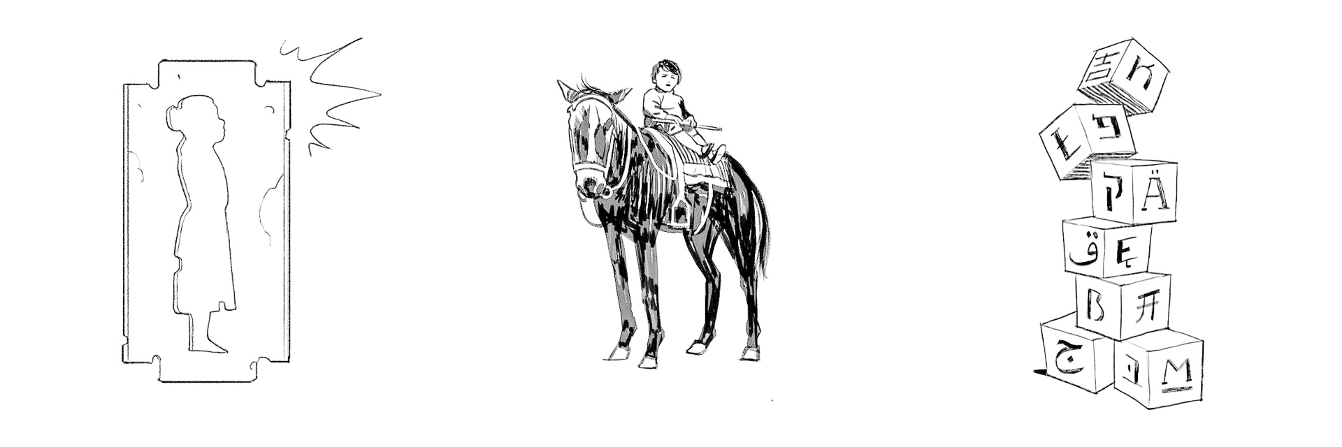 Illustration: zu sehen ist eine weibliche Figur in einer Rasierklinge, ein Kind of einem Pferd, sowie traditionelle hebräische Würfel aufeinander gestapelt.