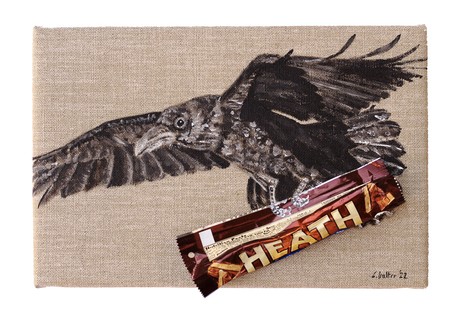 A raven on canvas with a candy bar in his claws, by Constanze Walter