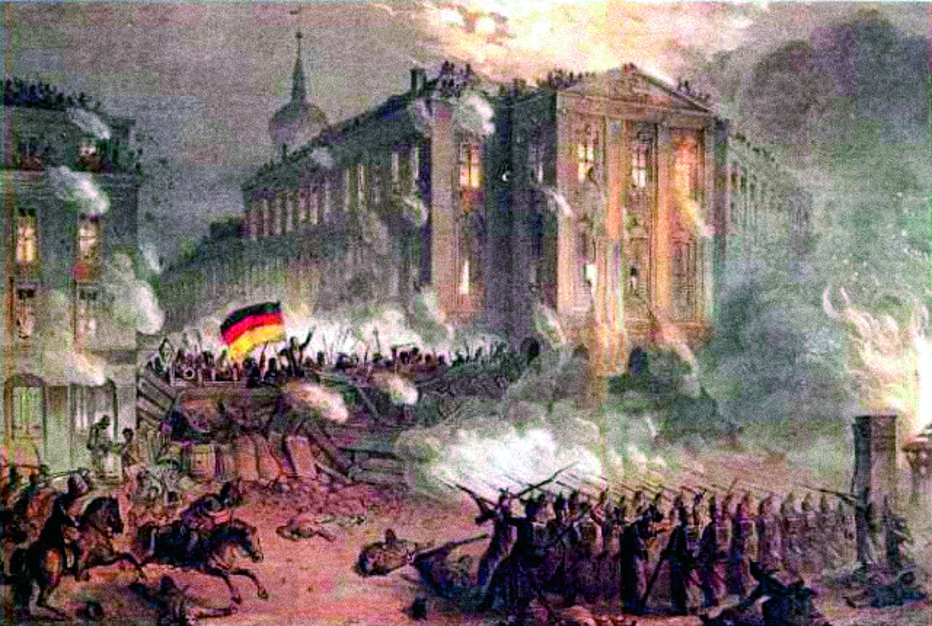 Ein historisches Bild der Straßenkämpfe von 1848 während der Deutschen Revolution. Die Gebäude im Hintergrund stehen in Flammen während auf der Straße heftig gekämpft wird. 