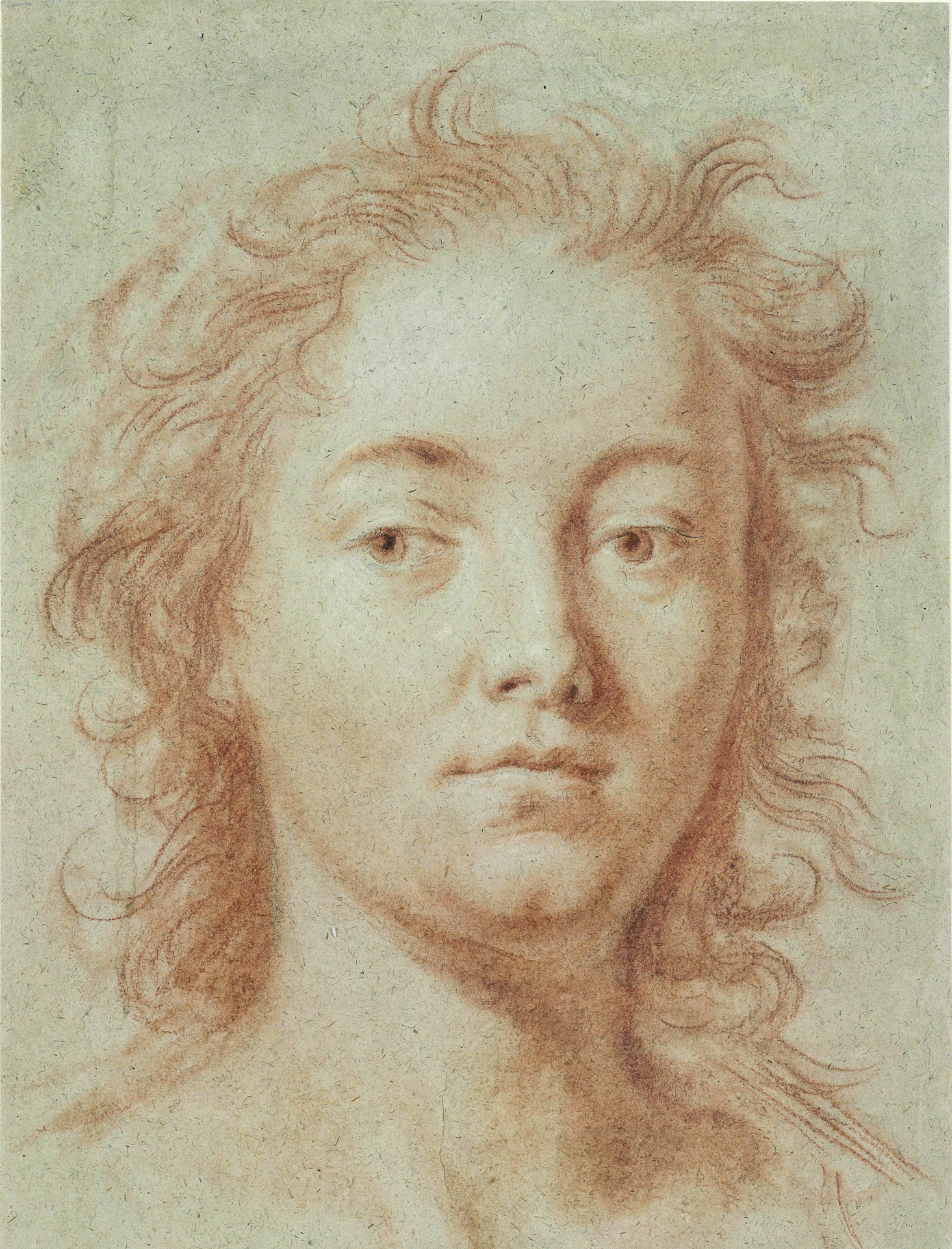 Rötel, teils verrieben oder laviert, auf über Spuren einer Skizze mit grauem Stift, auf grünlich-sandfarbenem Papier (um 1707/1708). Zu sehen ist eine junge Frau mit eindringlichem Blick und wildem Haar.