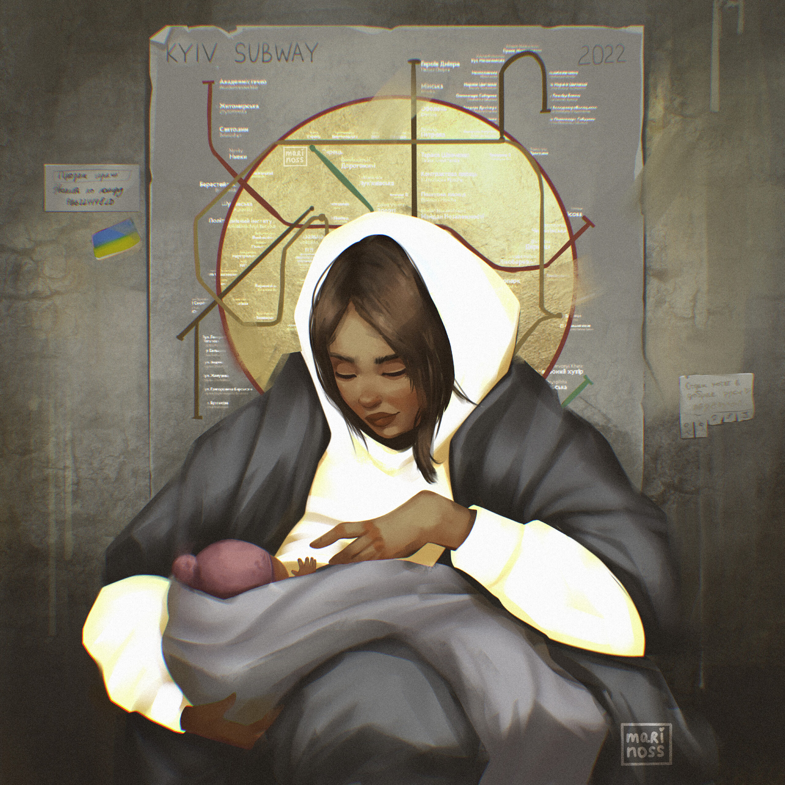Maria und das Jesuskind in modernder version. Dahinter ist der Heiligenschein mit den U-Bahnlinien von Kyiv zu sehen.
