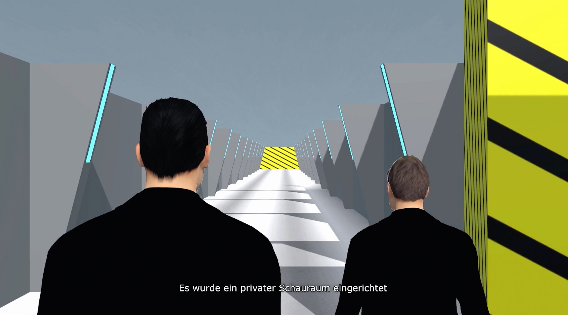 Zwei Männer treten durch einen langen Gang. Das Bild ist im Animationsstil gehalten. Darunter steht: "Es wurde ein privater Schauraum eingerichtet"