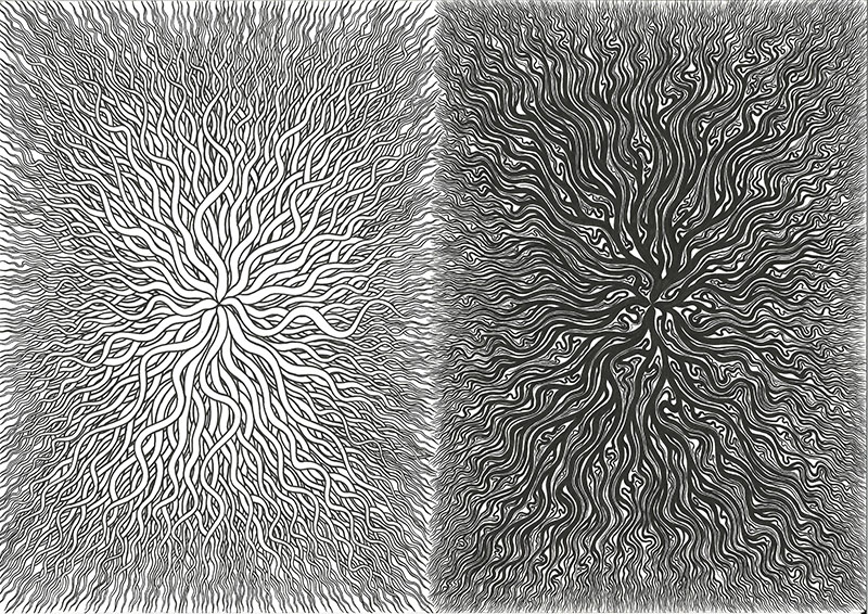 Diptychon aus abstrakten Linien die aus der Mitte heraus sonnenförmig zum Bildrand auslaufen. 