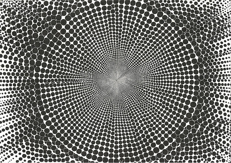 Abstraktion aus schwarzen Punkten auf weißem Grund, welche im Kreis zu Mitte führen.