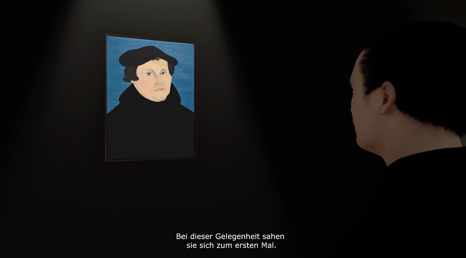 Gutenberg trifft auf sein Portrait an der Wand. Das Bild ist eine Animation. Darunter steht: "Bei dieser Gelengenheit sahen sie sich zum ersten Mal."
