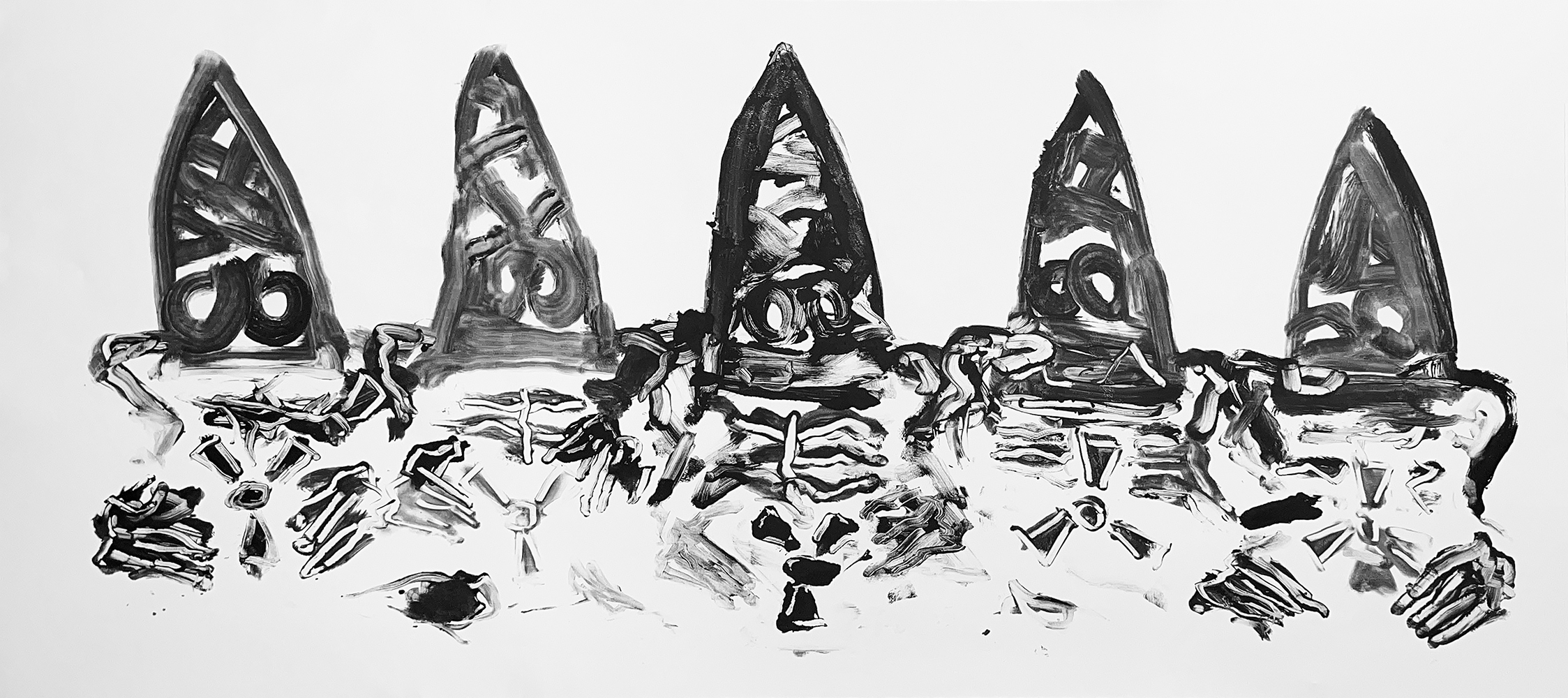Black and white painting of five spiky headed figures holding a radio active sign in their hands.