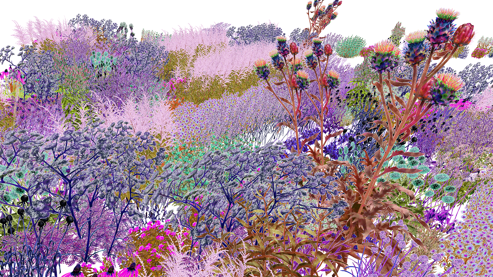 3D Rendering eines artenübergreifenden Gartens in bunten Farben.