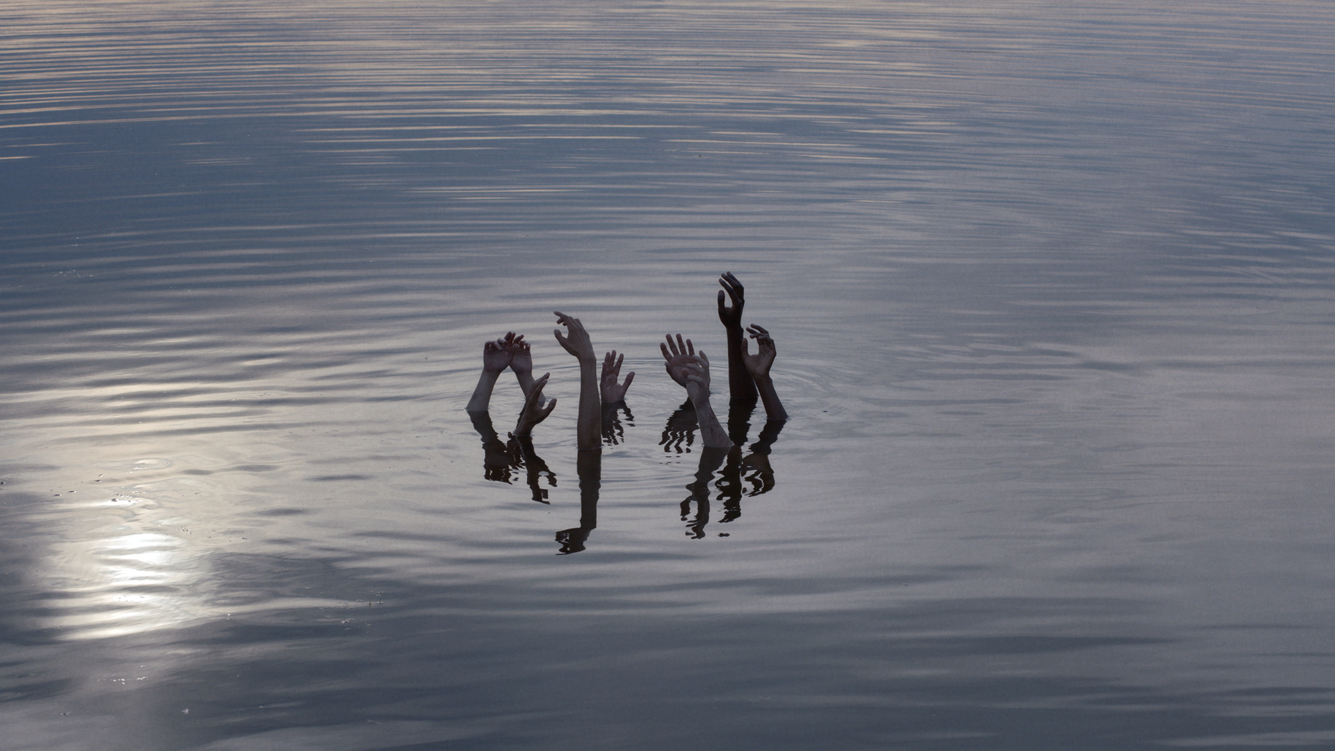 EN: eight hands reaching out of the waterDE: acht Hände die aus dem Wasser ragen