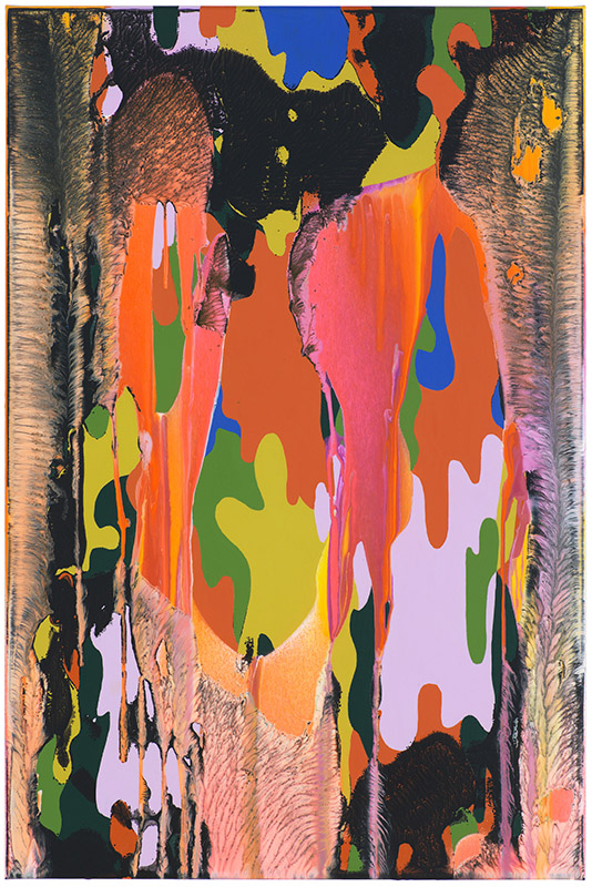 Abstraktion aus mehreren Farben, die dynamisch hoirzontal verlaufen. Zu sehen sind Rot., Grün- und Gelbtöne neben schwarz und pink. Sie bilden eine Art Camouflage.
