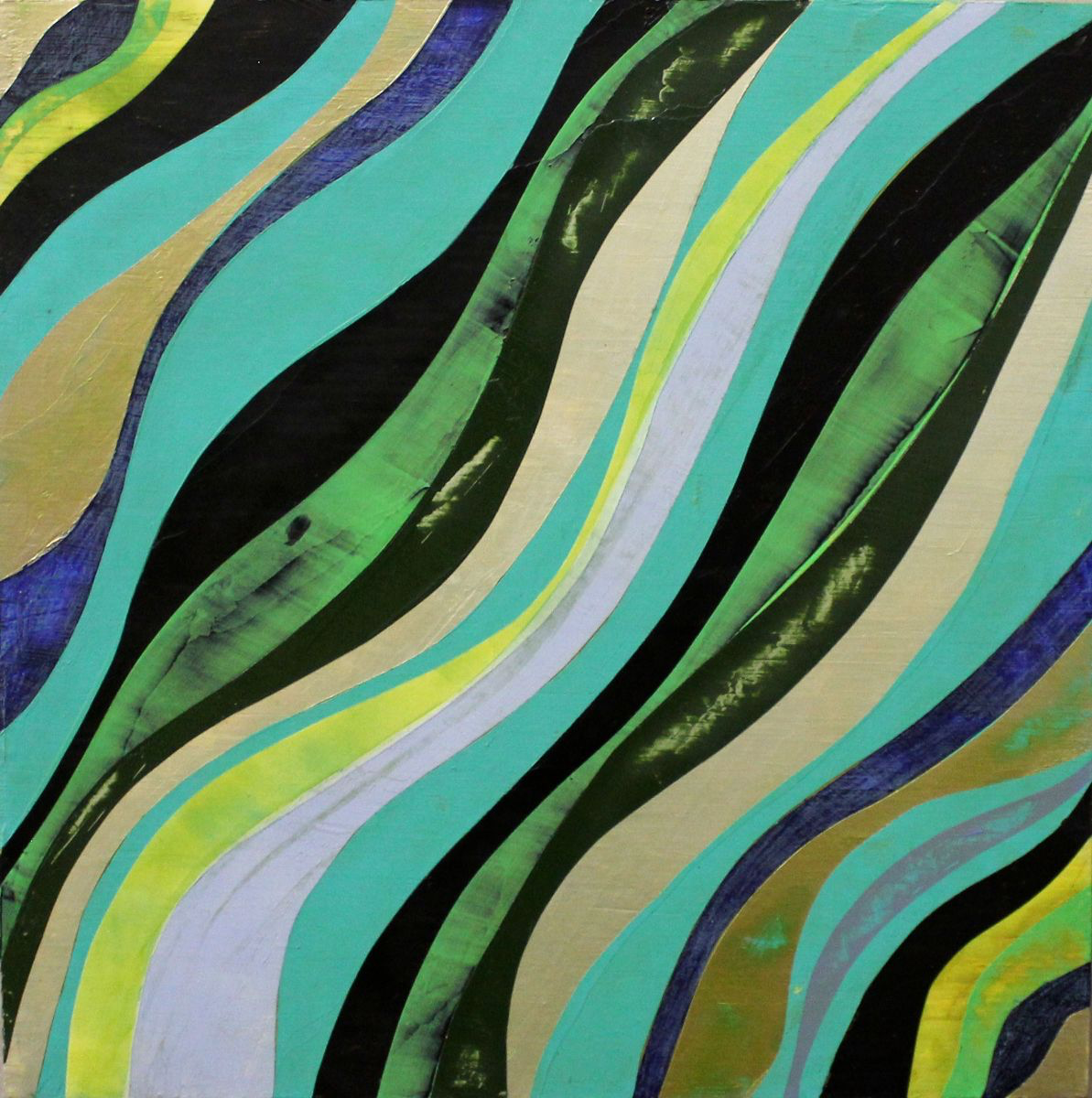 Waves in greens, yellows, and blues, floating from from left to right on a squared canvas.

Wellen in Grün-, Gelb- und Blautönen, die von links nach rechts auf einer quadratischen Leinwand schwimmen.