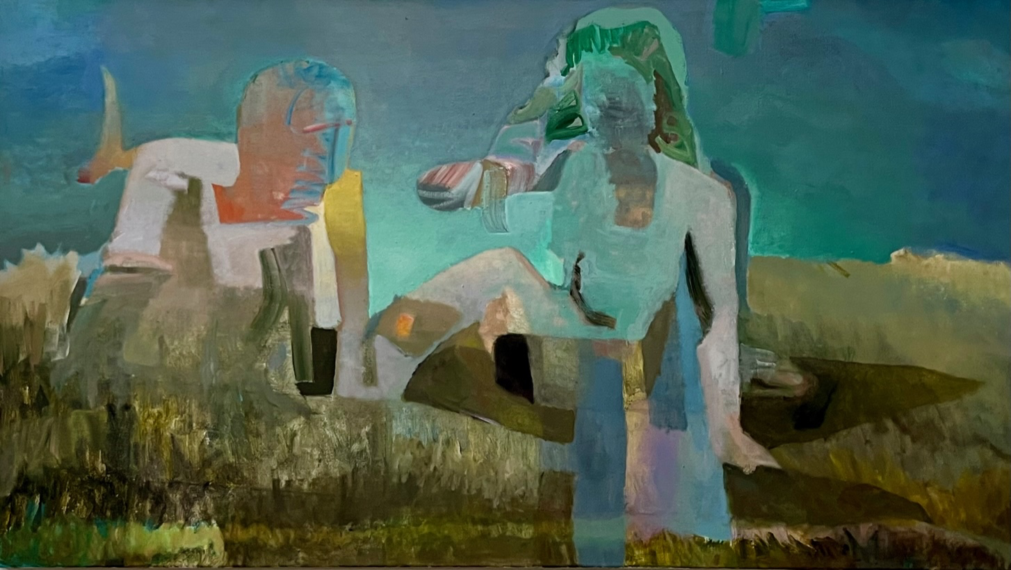 Two abstract figures in a pastoral landscape in rich green, brown and blue hues.

Zwei abstrakte Figuren in einer pastoralen Landschaft in satten Grün-, Braun- und Blautönen.