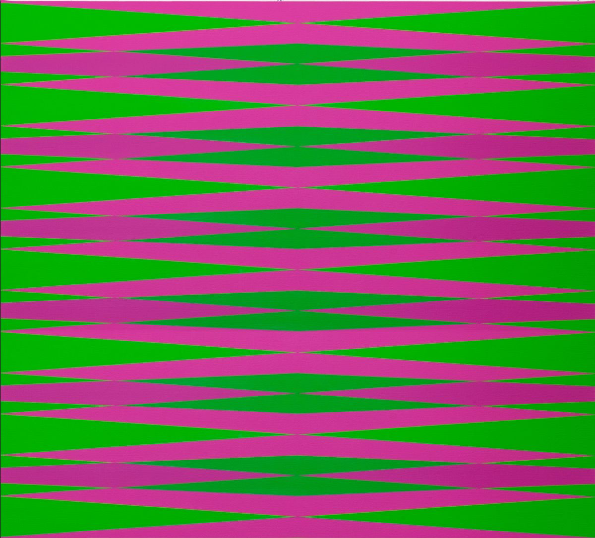 Geometrical patterned artwork with diamond shaped lines in green and pink.

Geometrisch gemustertes Kunstwerk mit rautenförmigen Linien in Grün und Rosa.