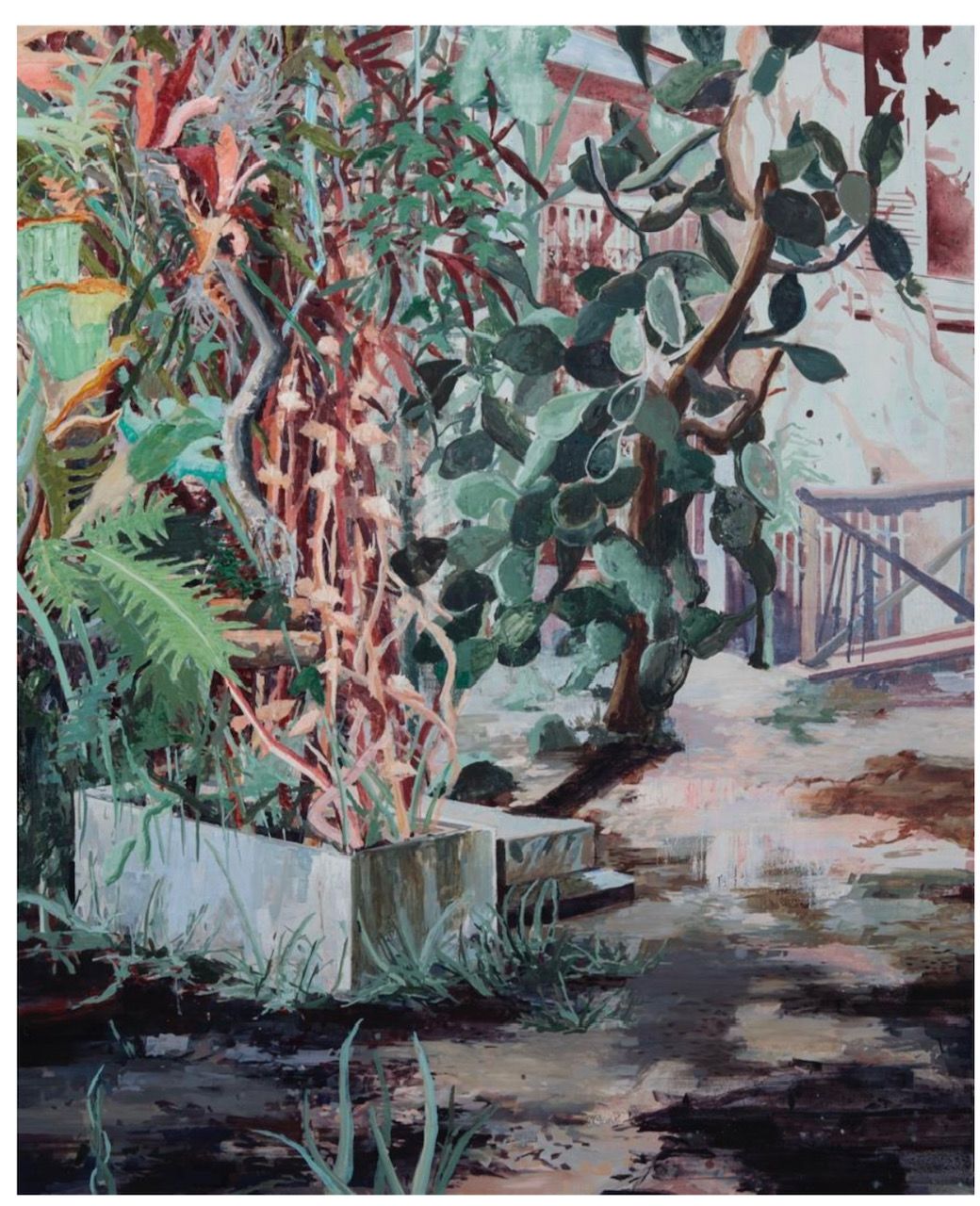 View of an expressionist garden scene with exotic plants in a court yard.

Blick auf eine expressionistische Gartenszene mit exotischen Pflanzen in einem Innenhof.