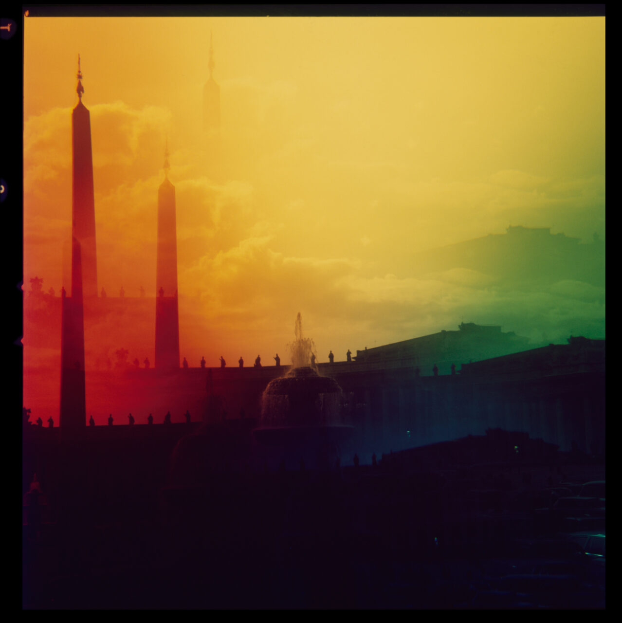 view of a building with colored lights